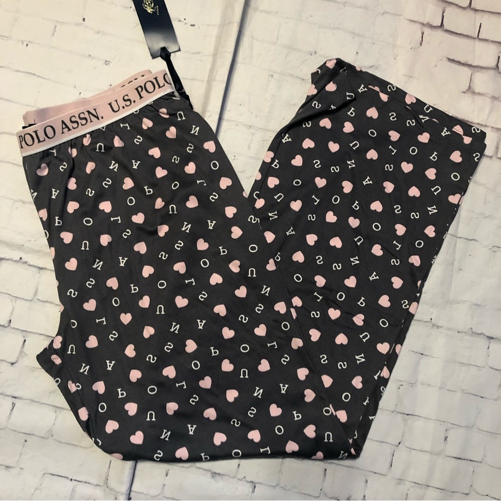 Womens Lounge pants pajama bottoms large gray with pink hearts U.S. Polo Assn